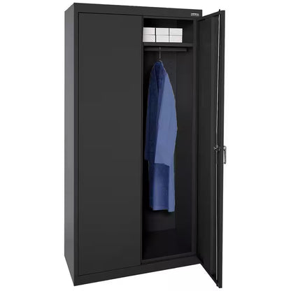 36 In. W X 72 In. H X 24 In. D 24-Gauge 2-Shelf Steel Freestanding Wardrobe Storage Cabinet in Black